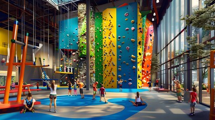 Vibrant Rock Climbing Center with Multicolored Climbing Walls, Children and Adults Climbing, Varied Handholds, Interactive Play Area, and Floor-to-Ceiling Windows