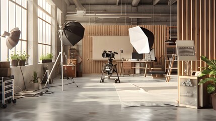 Well Equipped Photography Studio with Softbox Lights, Tripods, Professional Camera, and Large Windows with Natural Light