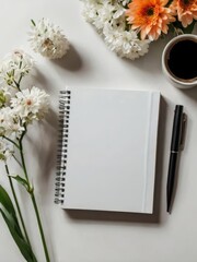 blank paper on the office table and a glass of coffee and a decorative flower vase on the table. copy space. mockup. Wooden table with coffee paper keyboard placed at the office. Top view