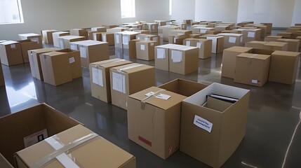 Large Warehouse with Cardboard Boxes and Laptops, Minimalist Industrial Interior with Polished Floor