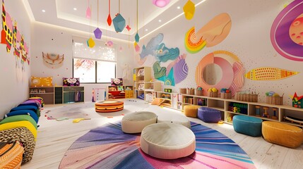 Bright and Cheerful Kindergarten Playroom with Soft Seating, Toys, and Colorful Wall Art