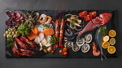 Vibrant Seafood Assortment on Black Slate Platter with Lobsters, Whole Fish, Assorted Shellfish, Vegetables, and Fresh Herbs