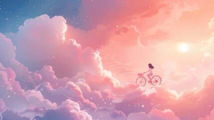 Adorable Cute Kawaii Portrait of a Young Girl Riding a Bicycle