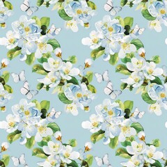 Obraz premium white Japanese quince flowers, very beautiful, white butterfly fashion background, textile, watercolor, fabric pattern, seamless