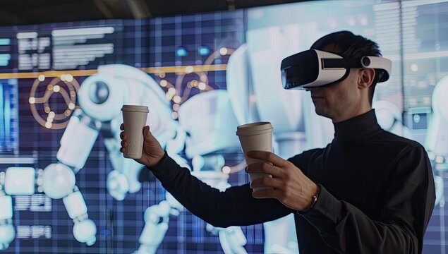 A professional in the tech industry testing virtual reality equipment, showcasing innovation and adaptability