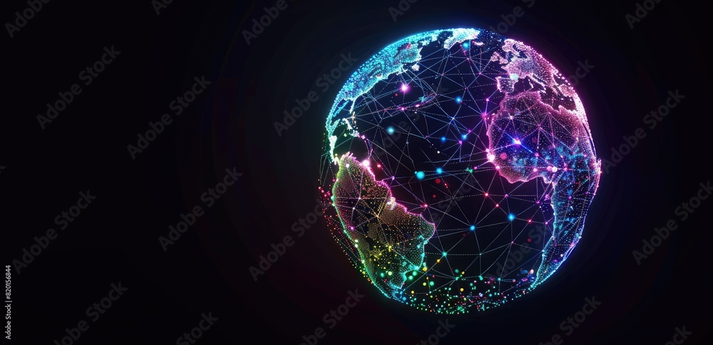 Poster capturing global interaction, an image depicts earth enveloped in luminous rays, symbolizing interco