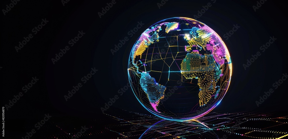 Poster capturing global interaction, an image depicts earth enveloped in luminous rays, symbolizing interco