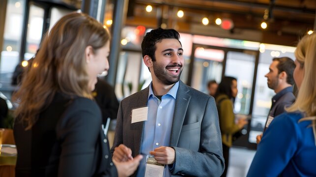 A diverse group of business professionals networking at a modern office event, engaged in conversations and making valuable connections.