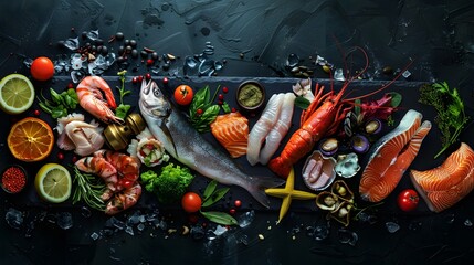 Gourmet Seafood Spread with Fresh Fish, Lobster, Shrimp, Assorted Vegetables, Citrus Fruits, Ice on Dark Slate Board