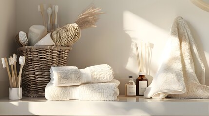 Light and Airy Bathroom Scene with Soft Towels, Bamboo Toothbrushes, Natural Light, Woven Basket