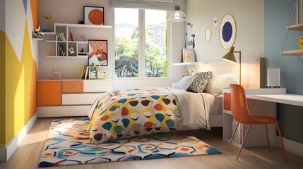 Contemporary Children's Bedroom with Colorful Geometric Bedding, Playful Decor, Built-in Shelving, Bright Natural Light