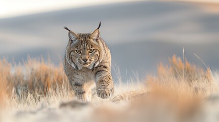 Obraz premium A large cat moves quickly across a field covered in dry grass
