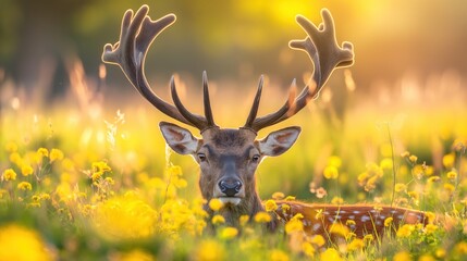 Fototapeta premium A deer is laying down in a field of yellow flowers