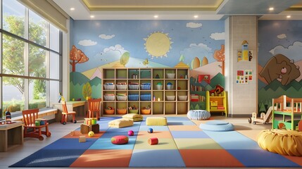 Colorful and inviting kindergarten playroom with educational toys, vibrant wall murals, large windows for natural light