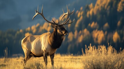 A large elk standing proudly on top of a dry grass field - Powered by Adobe