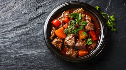 Savory Beef and Vegetable Stew, Delicious Beef Stew with Carrots and Potatoes in Black Bowl on Dark Textured Surface, copy space for mockup template banner