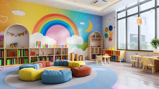 Fun and engaging children's playroom with variety of toys, vibrant decor, ample natural light from large windows