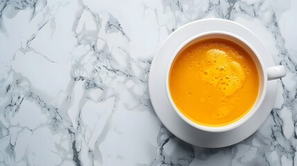 Pumpkin soup in white bowl, set against stylish marble countertop, capturing the rich, smooth consistency and inviting color