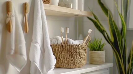 Contemporary bathroom setup with sleek white shelves, woven storage baskets, soft towels, toothbrushes, highlighting clean and organized aesthetic with natural accents
