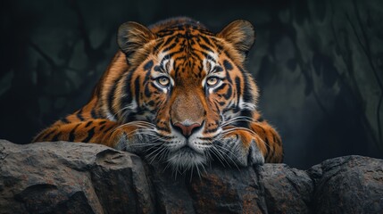 A large tiger rests atop a mound of rocks in the wild