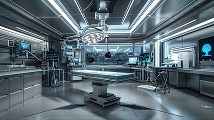 Obraz premium Cutting Edge Operating Room in Modern Hospital with Advanced Medical Equipment, Monitors, Sterile Environment
