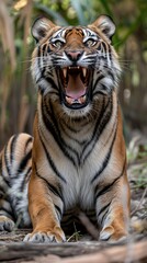 Obraz premium A tiger sitting on the ground yawning