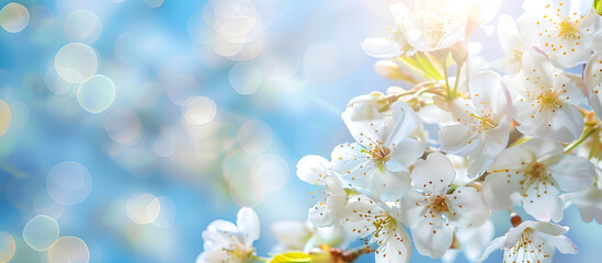 Beautiful blurred spring background nature with blooming glade trees and blue sky on a sunny day