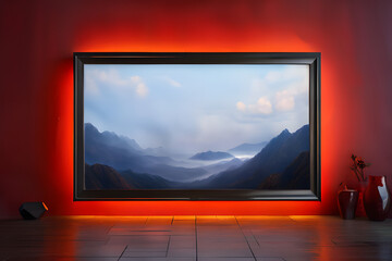 Modern interior with empty picture frame, 3d rendering. Computer digital drawing.