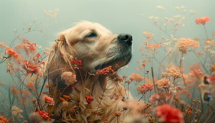 Martin Dietrich inspired photo of a dog with a floral overlay, double exposure creating a surreal, gentle image