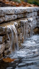 Mini waterfall trickling down a rustic stone wall, sharp focus on flowing water, serene lofi background