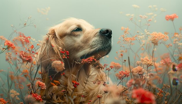 Martin Dietrich inspired photo of a dog with a floral overlay, double exposure creating a surreal, gentle image