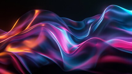 Abstract fluid 3D render with a black background and holographic, iridescent neon curved wave in motion