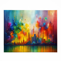 Obraz premium Vibrant Abstract Watercolor Cityscape at Dusk With Colorful Sky