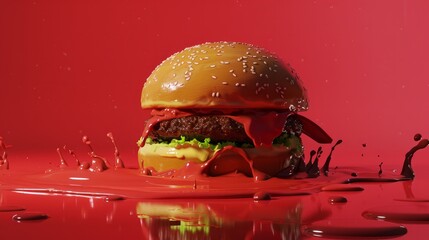 An enormous hamburger on a crimson backdrop