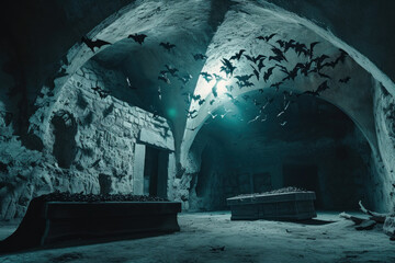 Spooky crypt under an eerie light with bats swirling around, evoking a chilling and haunted atmosphere.