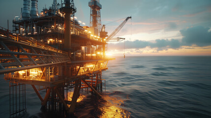 An offshore oil rig at sunset, showcasing the industrial infrastructure and engineering marvels involved in oceanic energy extraction and drilling operations.