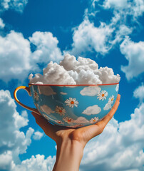 photo of a hand holding a colorful bowl with a white cloud inside, sky background,