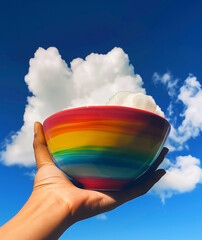 photo of a hand holding a colorful bowl with a white cloud inside, sky background,