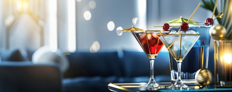 Art Deco cocktails in geometric glasses, gold accents, elegant lighting, art deco, illustration, glamorous and stylish