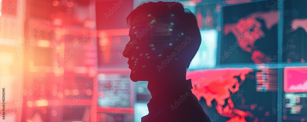 Poster silhouette of a person in front of data screens, symbolizing technology, artificial intelligence, an