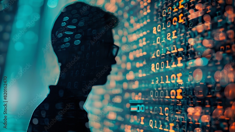 Poster silhouette of a person looking at illuminated code, representing data analysis, cyber security, and 