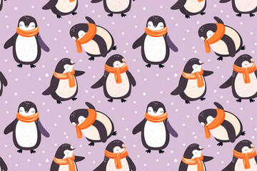 Cute penguins with orange scarves on a light purple background. This playful and winter-themed seamless pattern is perfect for seasonal decor.