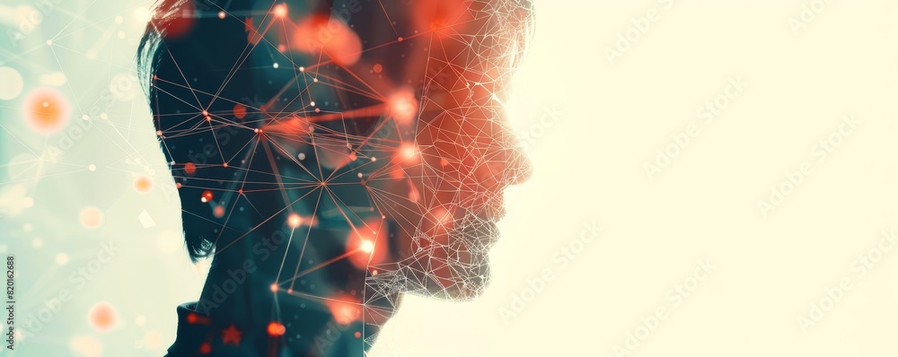 Poster a digital composition of a human profile with interconnected network lines and glowing nodes, symbol