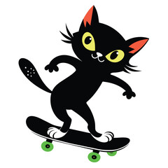 A black cat playing on a skateboard, white background