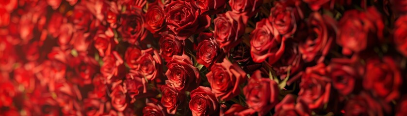 A beautiful wall covered in an abundance of lush, vibrant red roses, creating a romantic and enchanting floral backdrop.