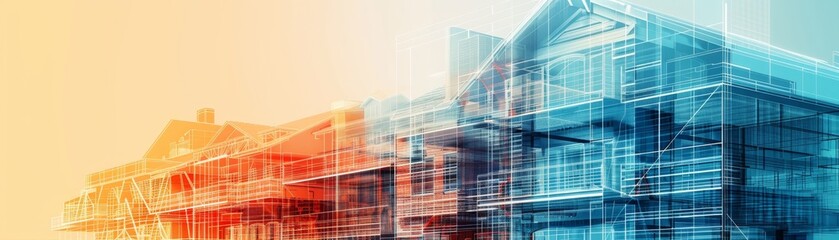Obraz premium A colorful architectural illustration showcasing residential building design with blue and red hues. Abstract and modern construction concept.
