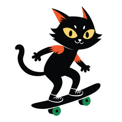 A black cat playing on a skateboard, white background