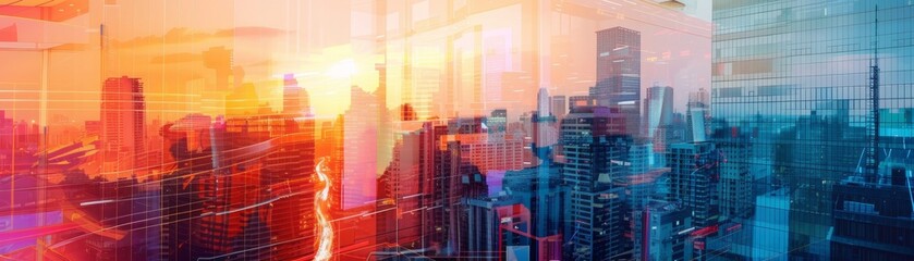 Fototapeta premium A vibrant cityscape at sunset with colorful reflections on skyscrapers, showcasing a blend of modern architecture and urban energy.
