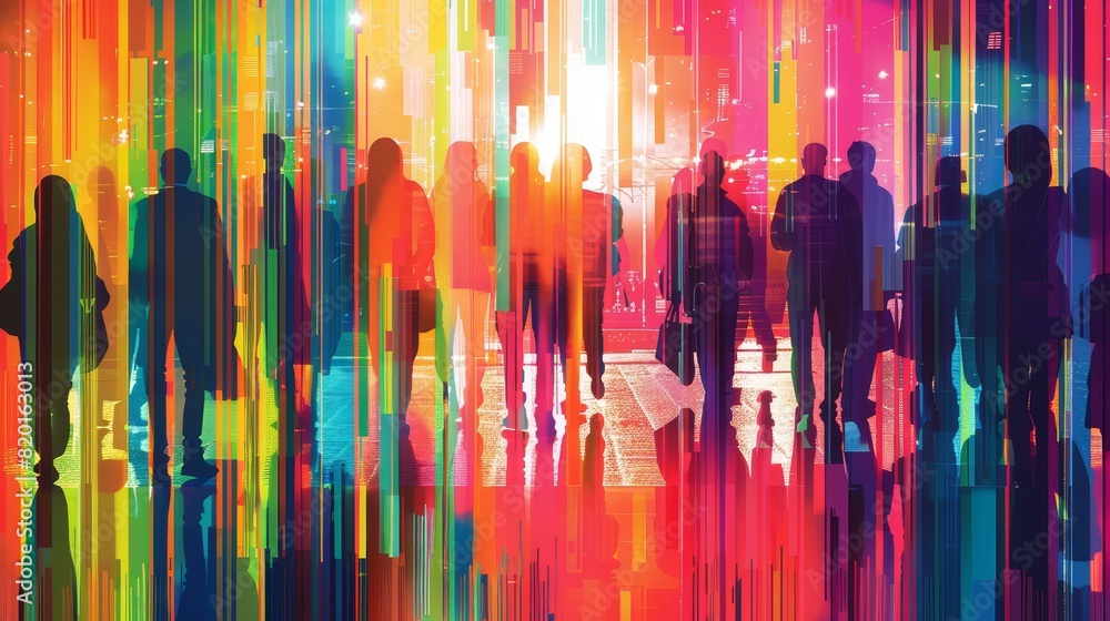 Poster abstract colorful image of silhouetted people walking through vibrant, multicolored lights and lines