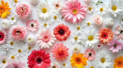 flowers lie on a white table close up view from above